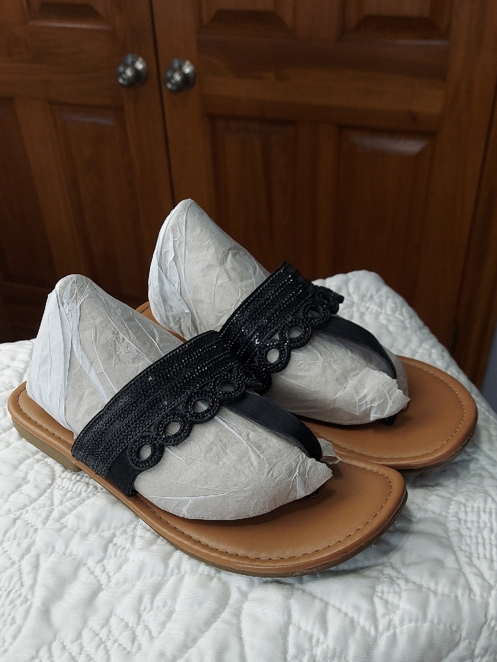 Sonoma Embellished Black Shiny Toe Loops Women’s Thong Sandals Slip On, Size 8 - Picture 9 of 9